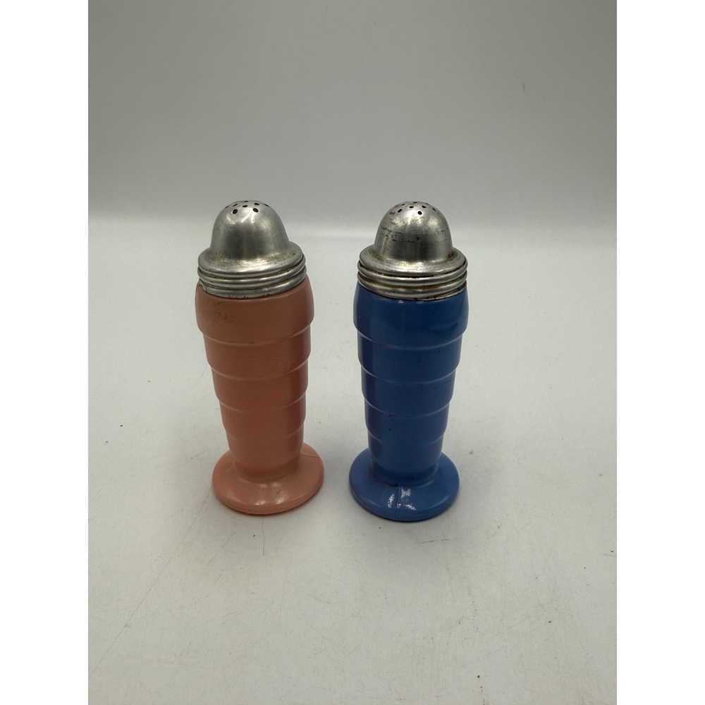 Vintage Milk Glass Beehive Salt and Pepper Shakers Pink and Blue Set Metal Lids